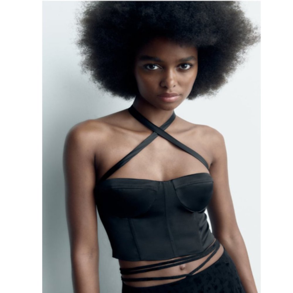 Zara Corset Halter Top Black LG NWT